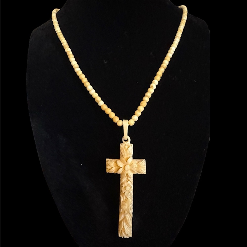 Antique Museum Quality Hand Carved Bovine Bone Flower Cross Pendant Necklace